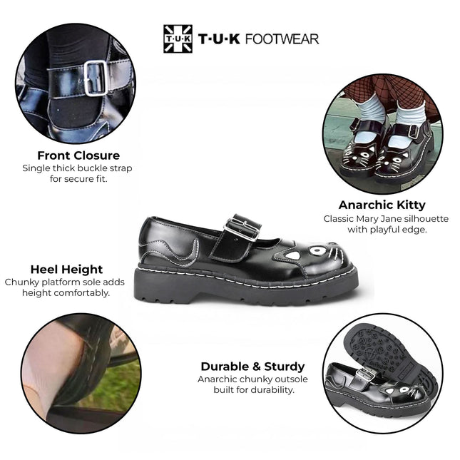 TUK Womens Mary Jane Kitty Black Leather Platform Goth Shoes - T2025