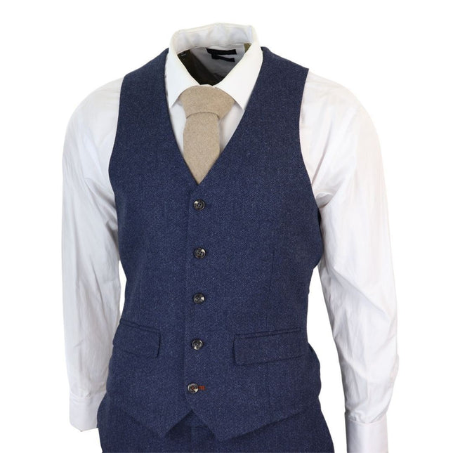 Men's Navy Blue Tweed 3 Piece Wool Suit