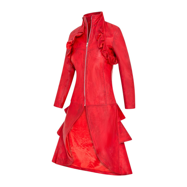 Womens Goth Red Leather High Collar Victorian Flare Tailcoat - Challa