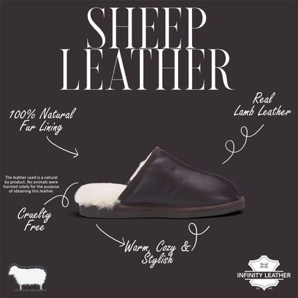 Men's Brown Genuine Lamb Leather Slippers Real Fur Mule Winter Slippers - Highland
