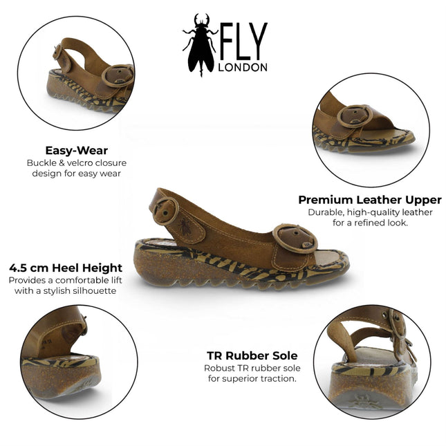 Fly London Women's TRAM723FLY Camel Brown Leather Wedge Sandals