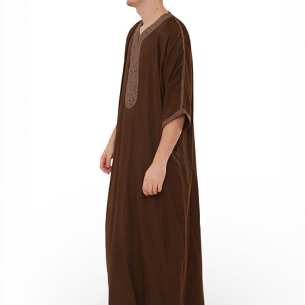 Men's Ramadan Dark Brown Moroccan Thobe Robe Djellaba Gandoura Eid Jubba- HM67