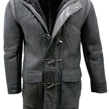 Mens Winter Sheepskin Leather Hooded Duffle Coat-Montpellier