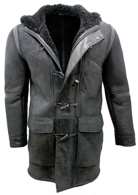 Mens Winter Sheepskin Leather Hooded Duffle Coat-Montpellier