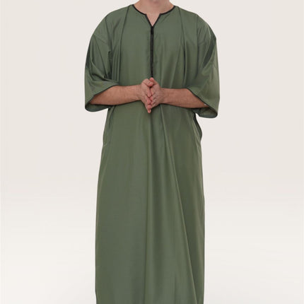 Men's Ramadan Olive Green Moroccan Gandoura Thobe Robe Djellaba Eid Jubba- TT-006