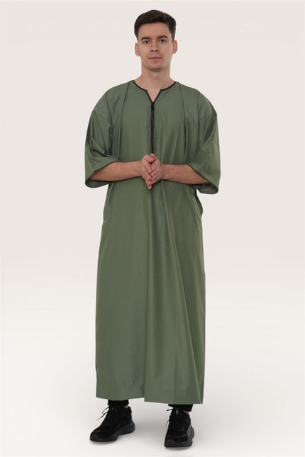 Men's Ramadan Olive Green Moroccan Gandoura Thobe Robe Djellaba Eid Jubba- TT-006