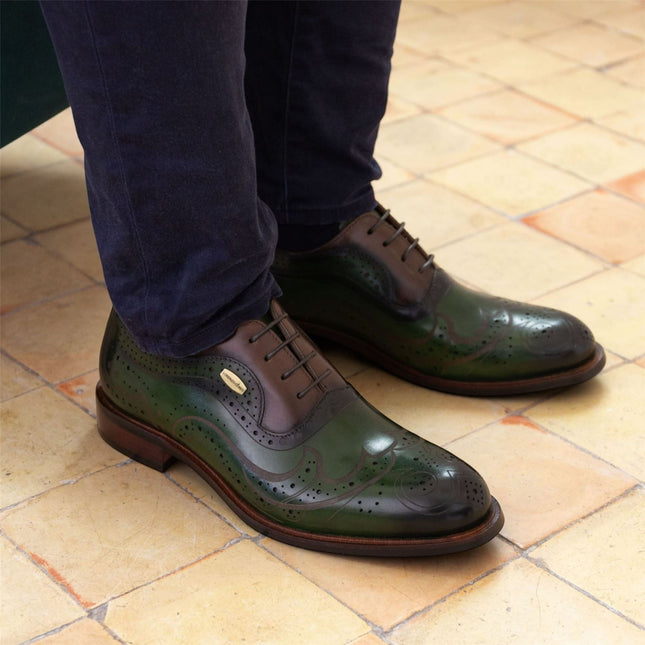 Lorenzo Conti Men's Khaki Green Leather Brogue Oxford Dress Shoes - Ayan-01