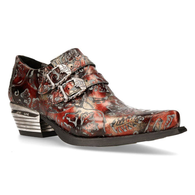 New Rock Embossed Black/Red Leather Buckled Shoes -7960-S5