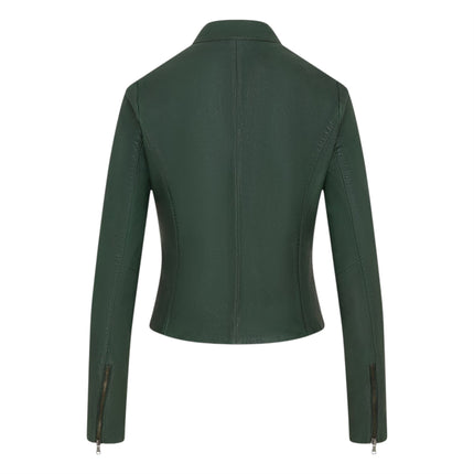 Womens Green Leather Stand Collar Racer Biker Jacket - 181