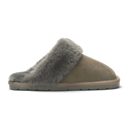 Women's Genuine Sheepskin Olive Green Suede Mule Winter Slippers - Luna