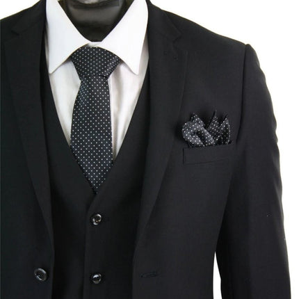 Mens 3 Piece Plain Black Classic Retro Suit