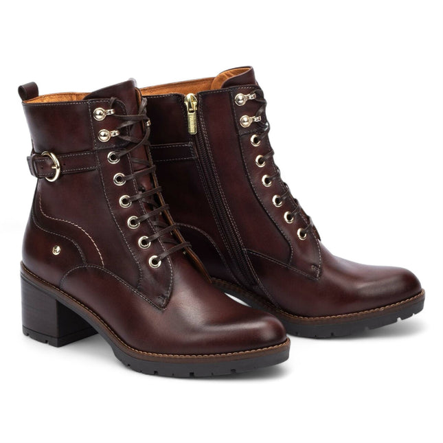 Pikolinos Women’s Caoba Brown Leather Mid-Heel Combat Ankle Boots - Llanes