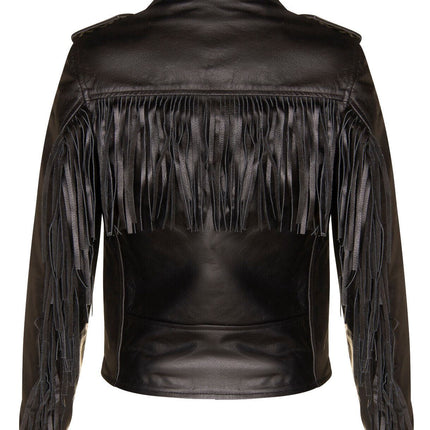 Women's Black FRINGE Leather Brando TASSELED Motorcycle Cow Hide Biker Jacket