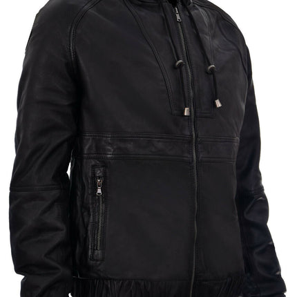 Men’s Casual Leather Hooded Bomber Jacket-Odesa