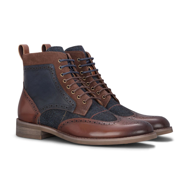 Justin Reess Men's Brown Leather Navy Tweed Oxford Shoes - Teddy