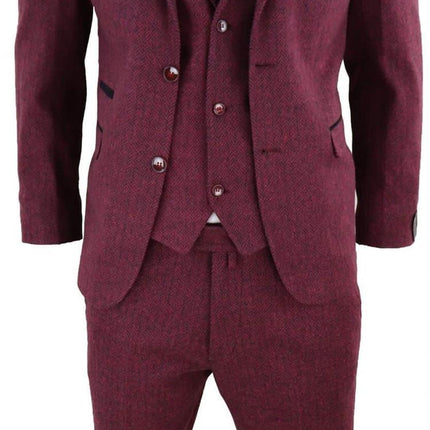 Mens 3 Piece Wine Herringbone Wool Tweed Retro Suit
