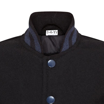 Kids Wool Varsity Black Bomber Jacket with Real Leather Sleeves