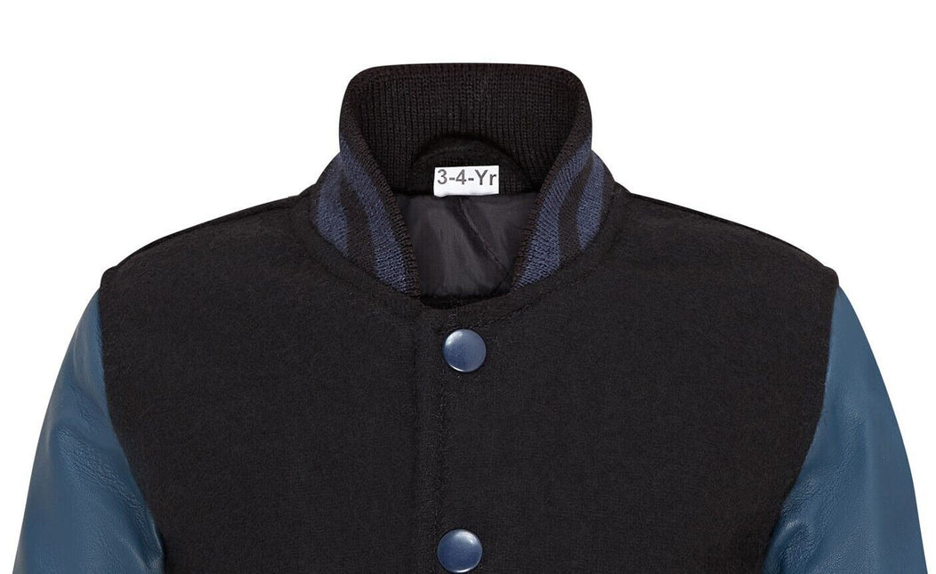 Kids Wool Varsity Black Bomber Jacket with Real Leather Sleeves