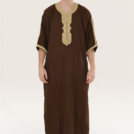 Men's Ramadan Brown Moroccan Thobe Robe Djellaba Gandoura Eid Jubba- HM67