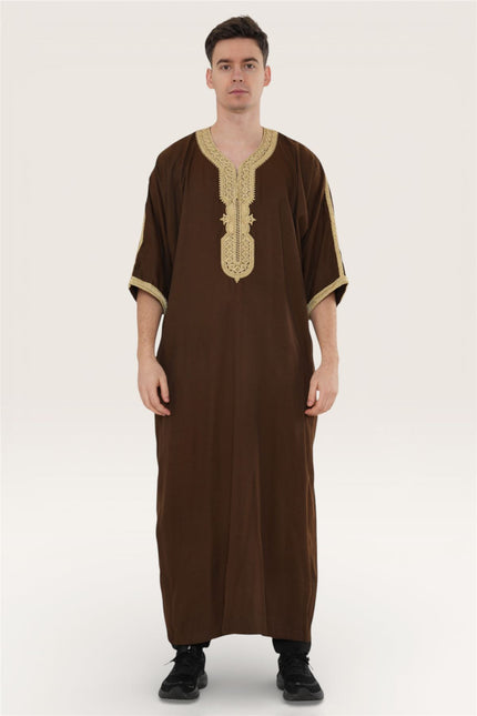 Men's Ramadan Brown Moroccan Thobe Robe Djellaba Gandoura Eid Jubba- HM67