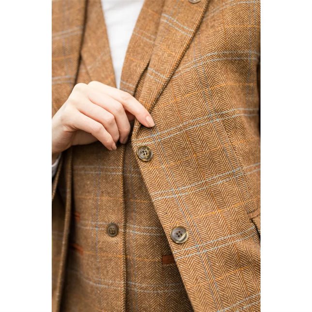Women's Oak Brown 2 Piece Set Tweed Blazer Waistcoat in Herringbone Check