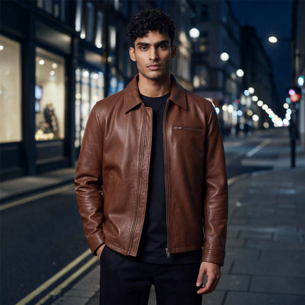 Mens Leather Tan Harrington Collar Biker Jacket - Arick