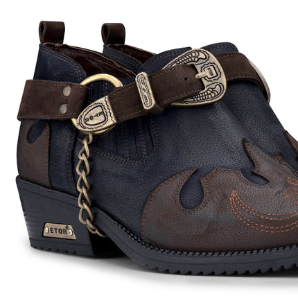 Men's Navy/Brown Leather Metal Chain Winklepicker Cowboy Boots