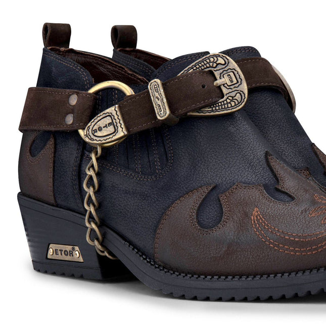 Men's Navy/Brown Leather Metal Chain Winklepicker Cowboy Boots