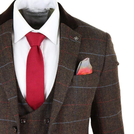 Mens 3 Piece Dark Brown Check Tweed Herringbone Vintage Classic Suit