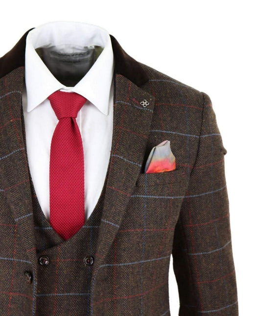 Mens 3 Piece Dark Brown Check Tweed Herringbone Vintage Classic Suit