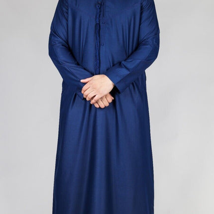 Men's Navy Blue Thobe Emirati Islamic Jubba Robe Eid Tassel Slim Fit