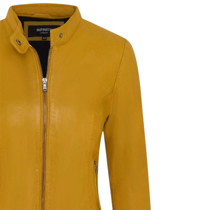 Womens Yellow Leather Stand Collar Racer Biker Jacket - 181