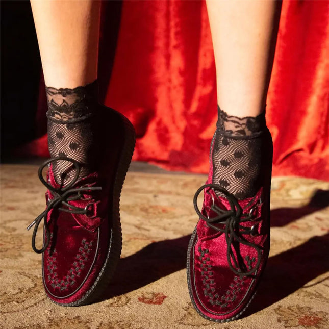 TUK Viva High Creeper Burgundy Velvet Platform Lace-Up Goth Shoes - AV6802