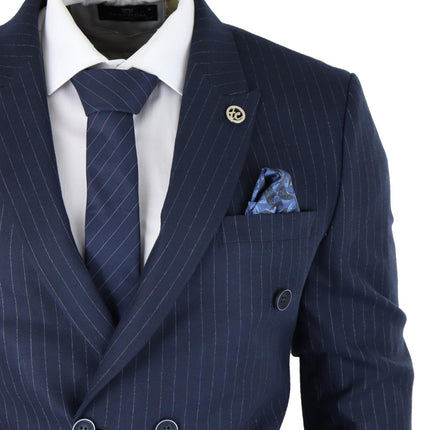 Mens Double Breasted Navy Blue Suit 2 Piece 1920s Pinstripe Peaky Blinders