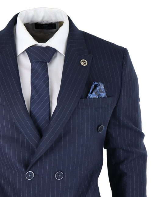 Mens Double Breasted Navy Blue Suit 2 Piece 1920s Pinstripe Peaky Blinders