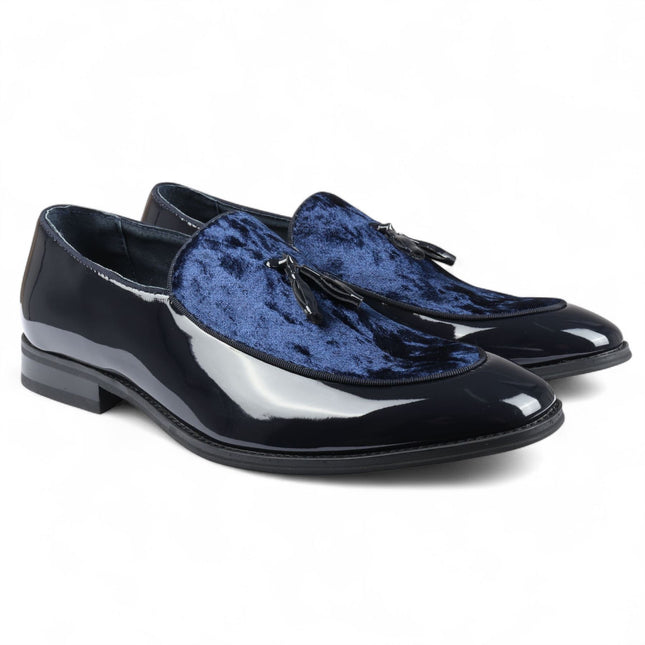 Men's Navy Velvet Tassel Loafers Formal Patent Dress Shoes