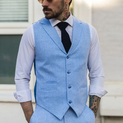 Men's Summer 2 Piece Suit Linen Formal Blue Waistcoat Trousers