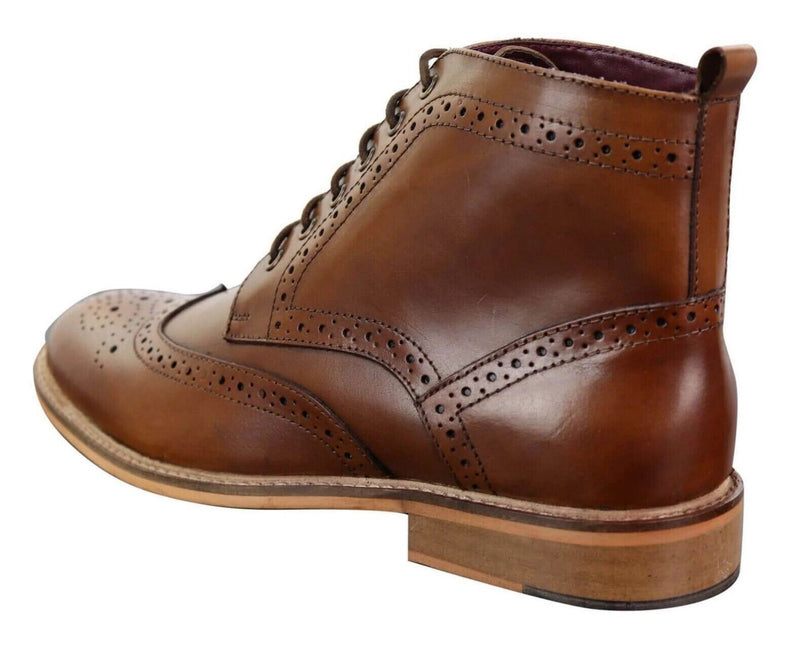 Mens Classic Oxford Brogue Ankle Boots In Tan Leather
