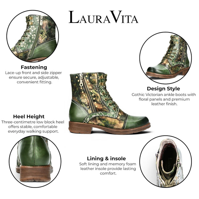 Laura Vita Women's Green Floral Victorian Leather Lace-up Ankle Boots - Anitao - 11