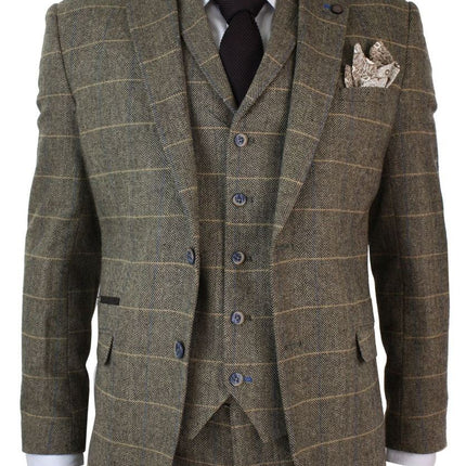 Mens 3 Piece Tan Brown Check Tweed Herringbone Vintage Classic Suit