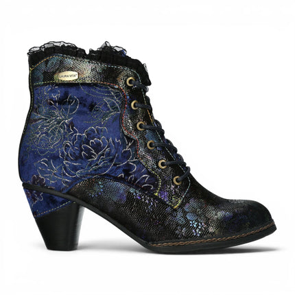 Laura Vita Women's Floral Goth Victorian Blue Leather Heeled Ankle Boots - Alcizeeo-190