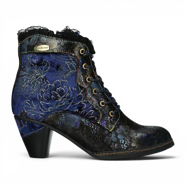Laura Vita Women's Floral Goth Victorian Blue Leather Heeled Ankle Boots - Alcizeeo-190