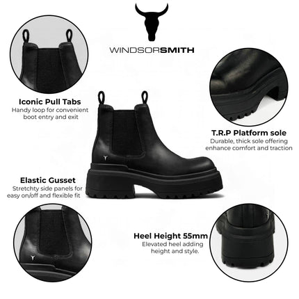 Windsorsmith Womens Black Chunky Leather Platform Chelsea Boots - Dopamine