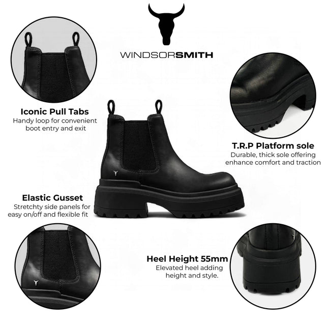 Windsorsmith Womens Black Chunky Leather Platform Chelsea Boots - Dopamine