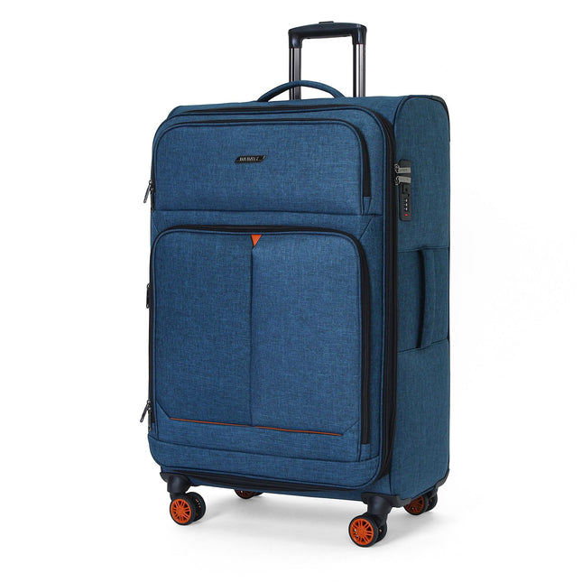 Soft Shell Blue Linen Suitcase Set 8 Wheel Lightweight Travel Luggage