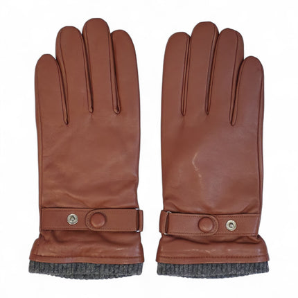 Men's Tan Brown Italian Leather Warm Wool Lining Winter Knit Rib Gloves - M-LGV-105