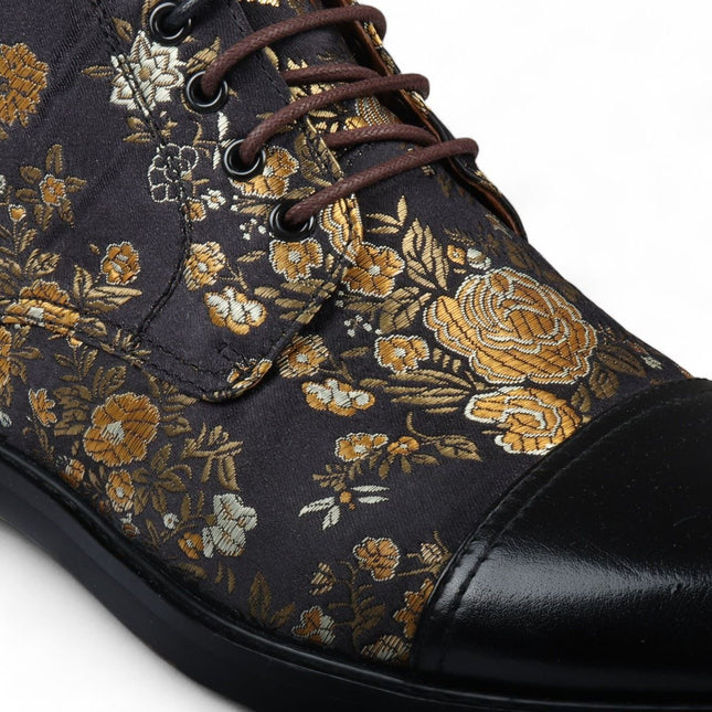 Justin Reess Men's Black Floral Print Leather Oxford Ankle Boots - Adam
