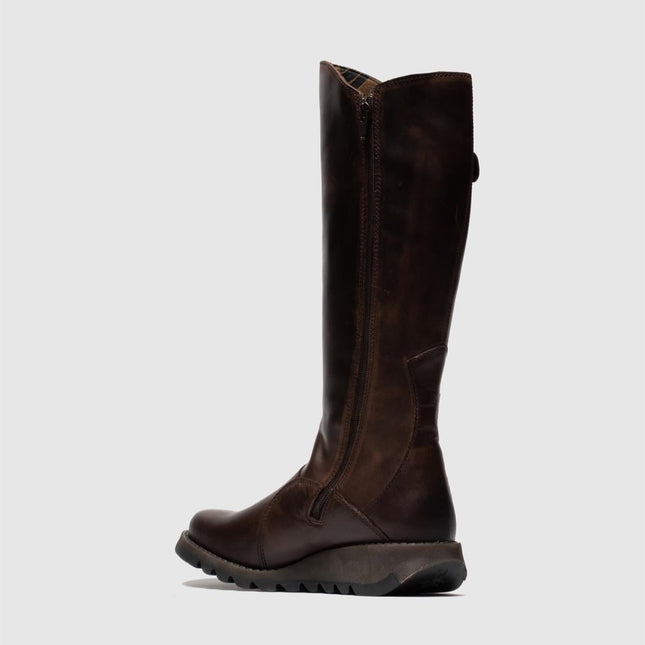 Fly London Womens Brown Mol 2 Leather Wedge Heel Knee High Zip Up Boots