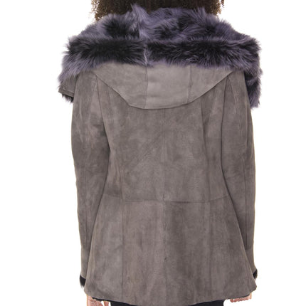 Womens Grey Suede Hooded Merino Sheepskin Coat-Monrovia