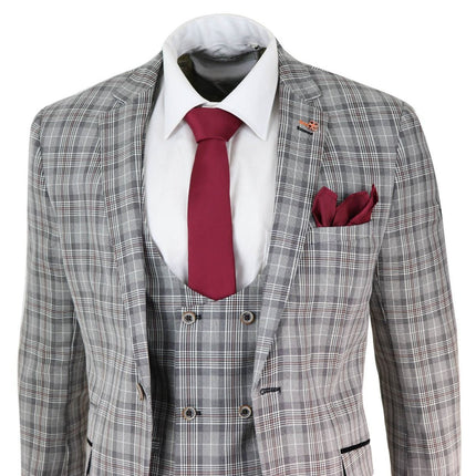 Mens 3 Piece Grey Check Retro Vintage Classic Suit